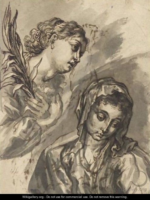 Head And Shoulders Of The Virgin Mary, With The Angel Gabriel Descending To The Left - (after) Joachim Von, I Sandrart