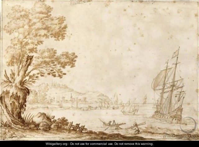 View Of A Bay, With A Yacht And Smaller Vessels Anchored Near The Shore - Dutch School