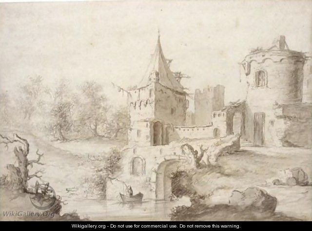 A Fisherman In A Boat Before A Dilapidated Castle - Dutch School