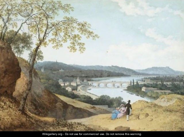 View From A Hillside Of A Town In A River Valley, With Three Figures Resting In The Foreground - Henri Knip