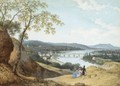 View From A Hillside Of A Town In A River Valley, With Three Figures Resting In The Foreground - Henri Knip