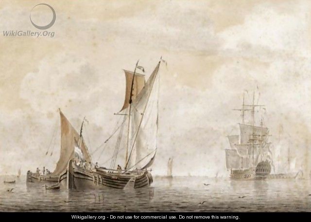 Small Vessels On A Calm Sea, With Two Yachts In The Distance - Cornelis De Grient