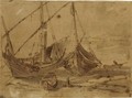 Two Small Sailing Boats And A Barge At Anchor, With A Man In A Rowing Boat To The Right - Abraham Casembrot