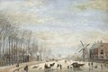 Winter Landscape With Skaters And Sledges On A Frozen River Running Through A Town - Abraham Rademaker