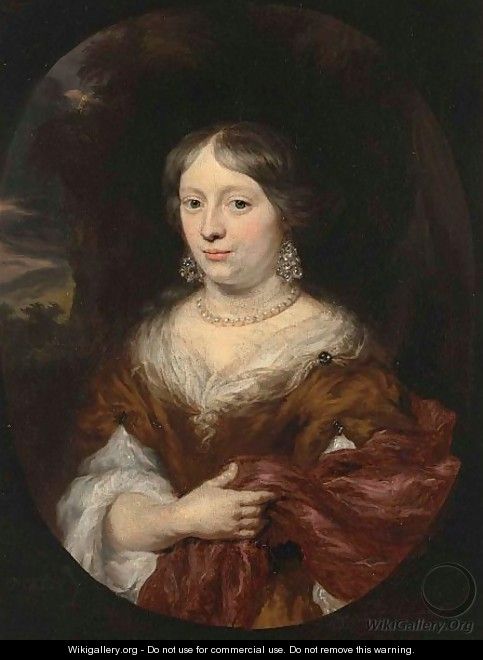 A Portrait Of A Lady, Half Length, Wearing An Orange And White Dress With A Red Shawl - Nicolaes Maes