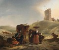 A Dune Landscape With Fishmongers Selling Their Ware An Dtravellers On A Path, A Light House Beyond - (after) Philips Wouwerman