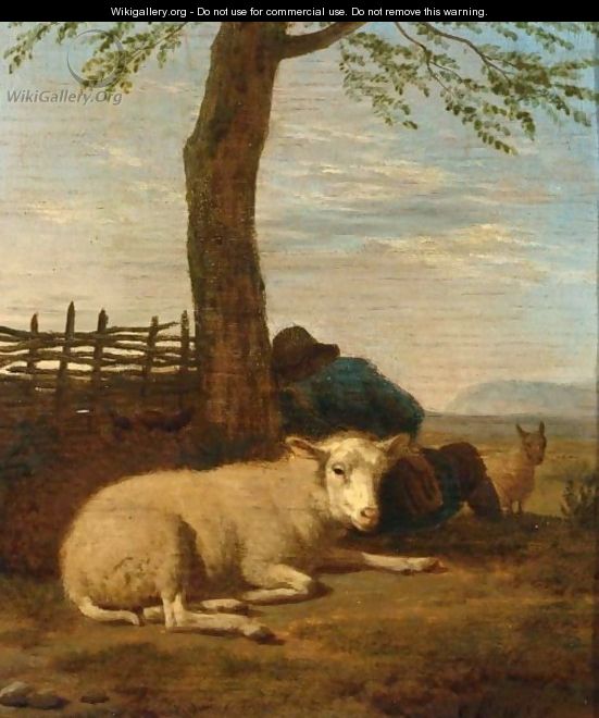 A Shepherd Sleeping Against A Tree With His Flock Of Sheep - (after) Adriaen Van De Velde