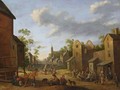 A Village Street Scene With Peasants Drinking Outside An Inn, A Beggar Woman In The Foreground, A View Of A Church Tower Beyond - Joost Cornelisz. Droochsloot