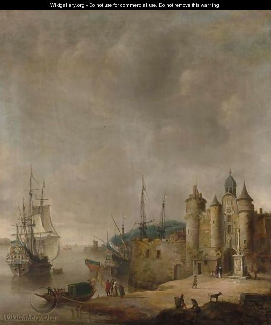 A Harbour Scene With A Man-Of-War And Other Shipping, Figures Conversing On The Shore - Jan Abrahamsz. Beerstraten