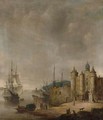 A Harbour Scene With A Man-Of-War And Other Shipping, Figures Conversing On The Shore - Jan Abrahamsz. Beerstraten