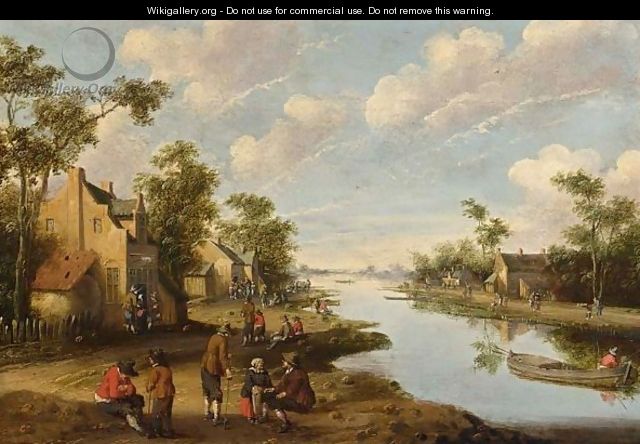 A River Landscape With Figures Resting Near An Inn, A Fisherman In A Boat To The Right - Cornelius Droochsloot
