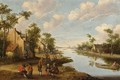 A River Landscape With Figures Resting Near An Inn, A Fisherman In A Boat To The Right - Cornelius Droochsloot