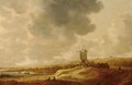 A Panoramic River Landscape With A Windmill And Travellers Resting In The Foreground - (after) Johannes Pieterszoon Schoeff