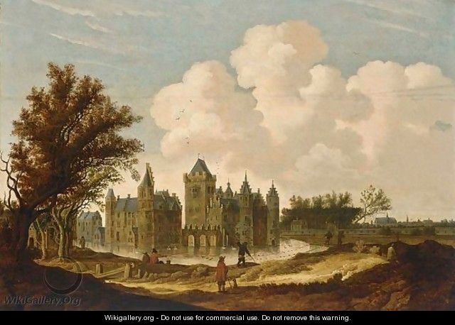 A View Of The Castle Of Egmond With Figures On A Path And Fishermen In Front Of The Castle - G. W. Berckhout