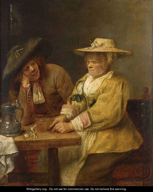 A Couple At A Table Drinking And Cutting Tobacco - Joos van Craesbeeck