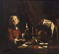 A Vanitas Still Life Of A Young Boy Holding A Candle In Front Of A Table With Playing Cards - (after) Adam De Coster