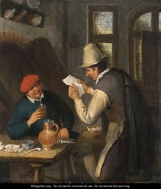 A Notary Reading A Letter To A Peasant Seated At A Table, Drinking And Smoking In An Interior - Cornelis Dusart