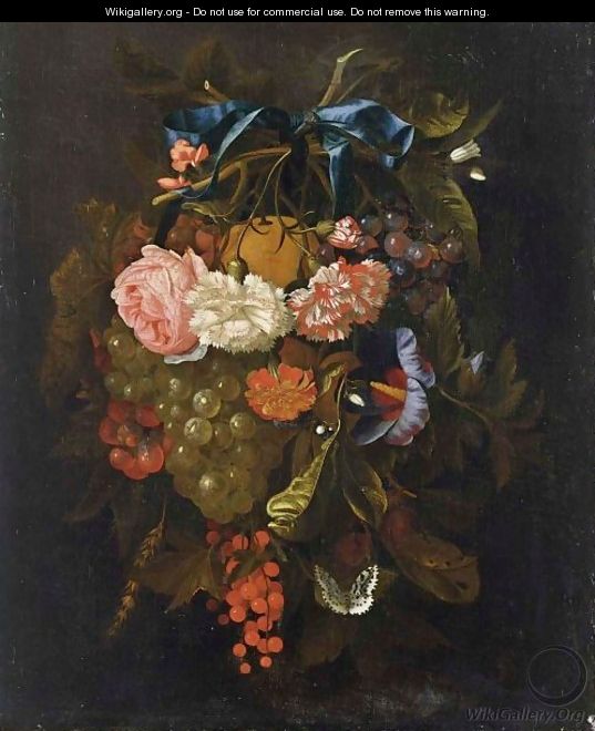 A Swag Of Roses, Carnations And Other Flowers, Grapes, An Orange, And Berries Together With A Butter Fly - Maria Van Oosterwijck