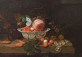 A Stil Life With A Porcelain Bowl With Strawberries, A Rose And A Butterfly, A Wineglass, Grapes, Prawns, Gooseberries, All On A Stone Ledge - Jan Mortel