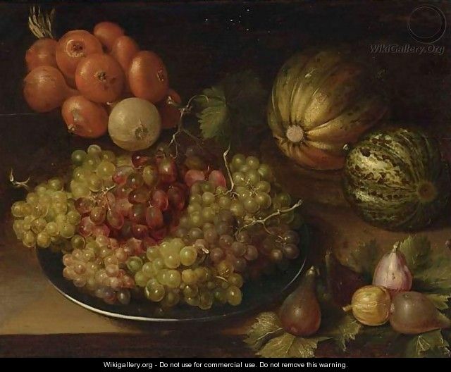 A Still Life With Black And White Grapes On A Silver Platter, Together With Figs, Melons And Unions, All On A Table - (after) Isaak Soreau