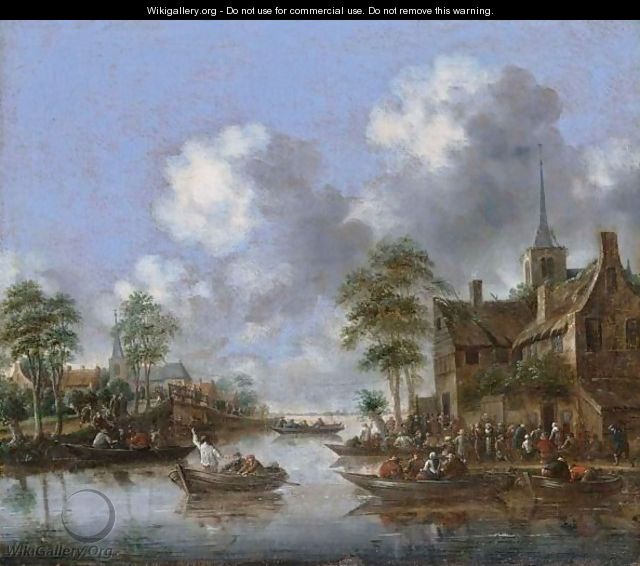 A Village Scene With Figures In Rowing Boats On A River - Thomas Heeremans