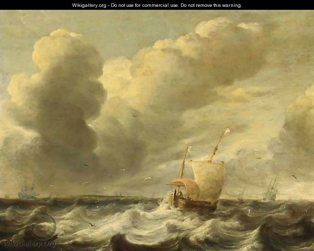 A Dutch Hoeker In Stormy Waters With Other Sailing Vessels In The Background - Jacob Adriaensz. Bellevois