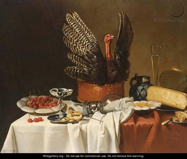 A Still Life With A Turkey Pie, Cherries On A Plate, A Silver Tazza, Bread On Pewter Plates - G. Vervoorn