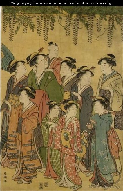 Women and children set against a yellow ground, walking beneath a wisteria arbour at Kameido shrine - Katsukawa Shuncho