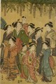 Women and children set against a yellow ground, walking beneath a wisteria arbour at Kameido shrine - Katsukawa Shuncho
