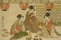 'Kitsuneken Sanbijin' (Three Beauties Playing The Party-Game 'Catch The Fox') - Kitagawa Utamaro