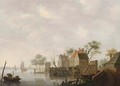 A Village Along A River With Fishermen Fishing In Front, Three Sailing Vessels Beyond - Hendrick Willelm Schweickhardt