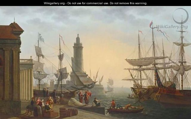A Classical Harbour Scene With Figures On A Quay And Men Unloading Their Ware - Pierre Joseph Wallaert