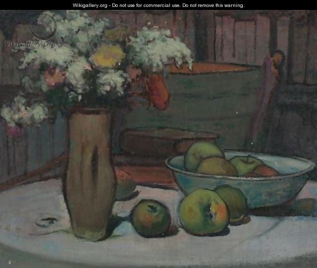 Fleurs Et Pommes Sur La Table Ronde - Wladyslaw Slewinski