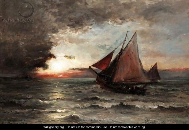 Fishing Boats At Sunset - Karl Pierre Daubigny