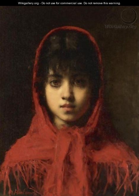 Young Girl In A Red Shawl - Alexei Alexeivich Harlamoff