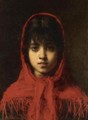 Young Girl In A Red Shawl - Alexei Alexeivich Harlamoff