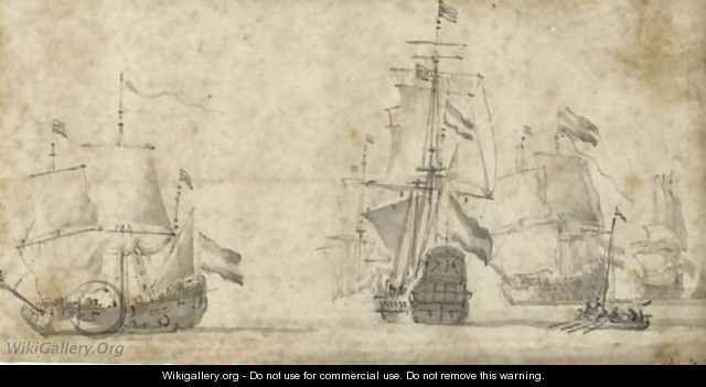 A Fleet Of States Yachts Under Way, With A Barge To The Right - Willem van de, the Elder Velde