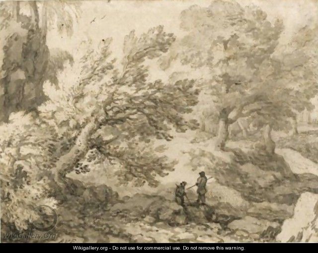 Wooded Landscape With Two Figures Resting By Rocks - Allaert van Everdingen