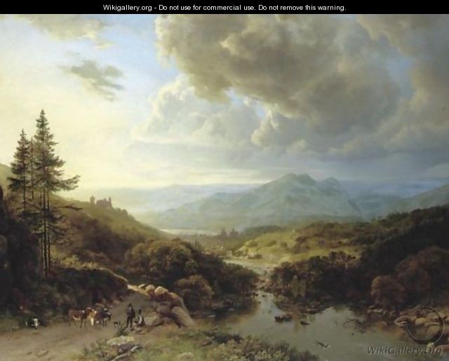 Figures And Animals In A Mountainous Landscape - Barend Cornelis Koekkoek