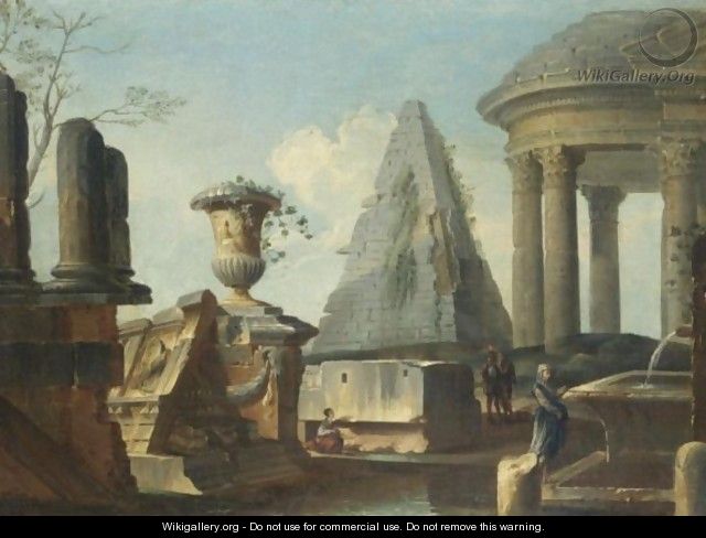 Capriccio Architettonico Con Figure E Piramide Sul Fondo - (after) Giovanni Paolo Panini