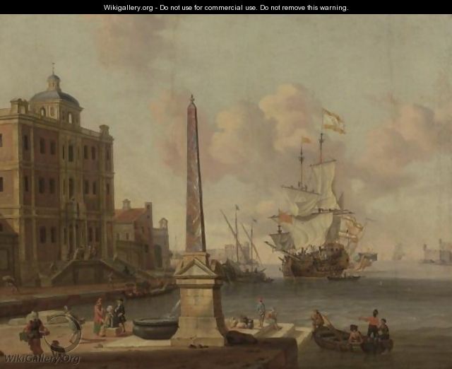 A Capriccio Of A Mediterranean Harbour, With Figures Conversing On The Waterfront, A Palazzo Beyond - Jacobus Storck