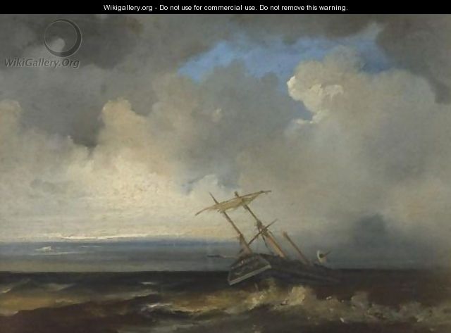 Ship In Stormy Sea - (after) Johannes Christian Schotel
