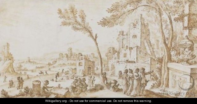 An Extensive Landscape With Figures Examining An Urn Among Ruins - Carlo Giorgio Quadro
