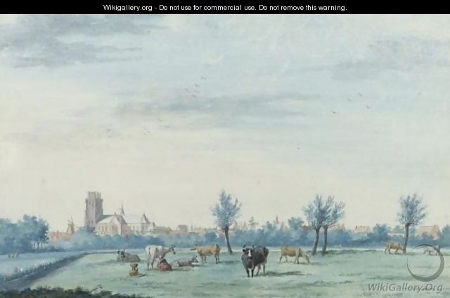 View Of Dordrecht From The South-West, With Cattle And A Milkmaid In The Foreground - Aert Schouman