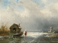 Winterlandscape With Figures On A Frozen River , A Windmill In The Distance - Charles Henri Leickert