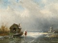 Winterlandscape With Figures On A Frozen River , A Windmill In The Distance - Charles Henri Leickert