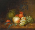 A Still Life With Two Peaches, Grapes, Plums And A Mellon, All On A Wooden Ledge - Nicolaas Frederik Knip