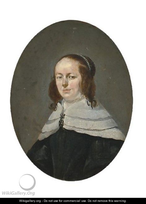 A Portrait Of A Lady, Bust Length, Wearing A Black Dress With A Lace Collar And A Pearl Neck Lace - (after) Gerard Ter Borch