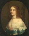 A Portrait Of A Lady, Bust Length, Wearing A Blue Satin Dress With A Pink Ribbon And A White Lace Collar And Pearl Jewellery - (after) Honthorst, Gerrit van