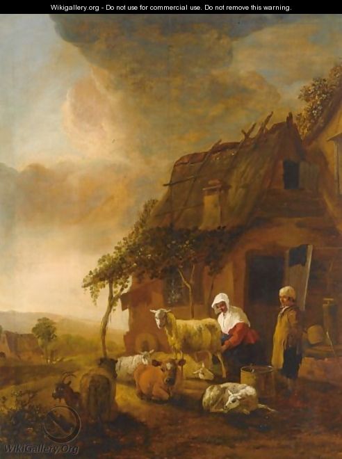 A Shepherdess Milking Sheep Near A Farmhouse - Jan Baptist Wolfaerts
